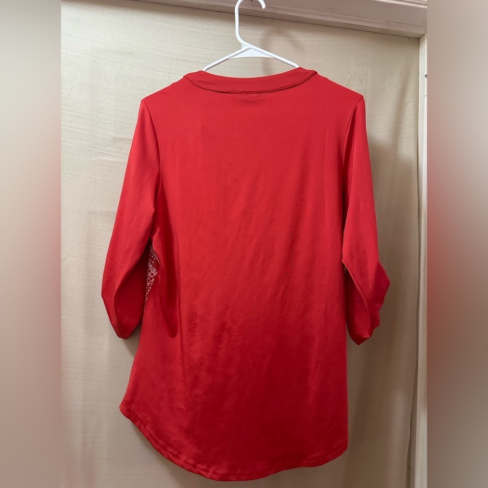 ⚫️ BOGO Tango Mango Red Abstract Leaf Print Tunic Blouse Medium - Picture 5 of 6